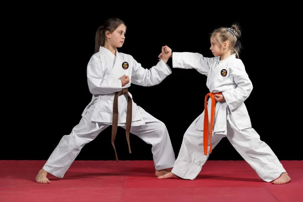Students learning confidence in martial arts class.